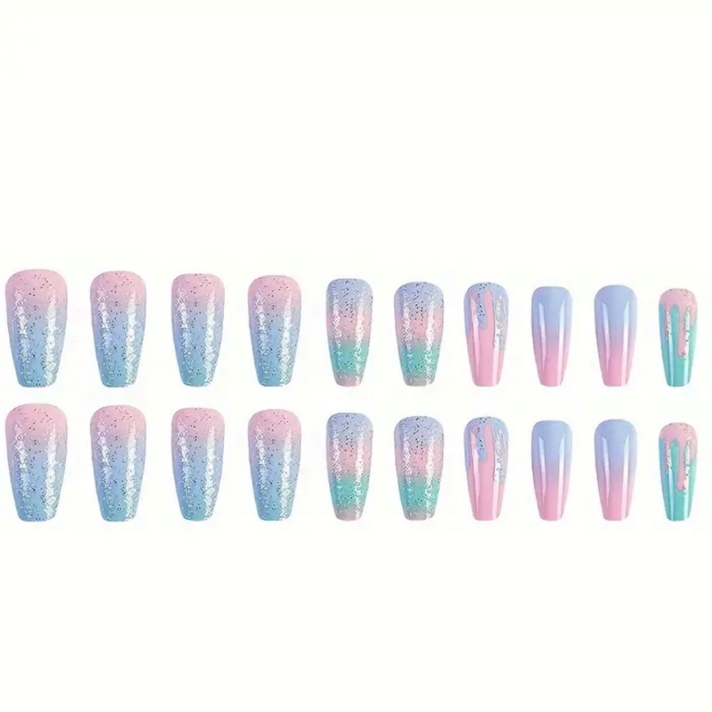 NEW Pastell Pink Blue Green Long Coffin Paint Drip Nails - Picture 5 of 6